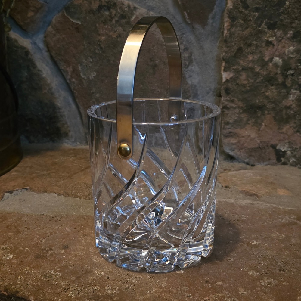 Mikasa English Crystal Ice Bucket Swirl Cut Heavy Glass Silver Handle Barware